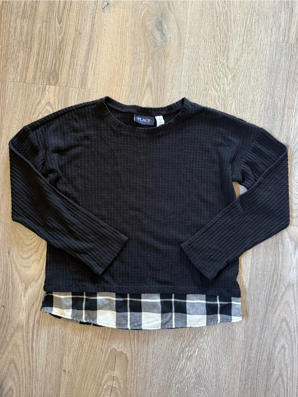 The Children's Place Black Crewneck Layered-Look Top with Plaid Hem
